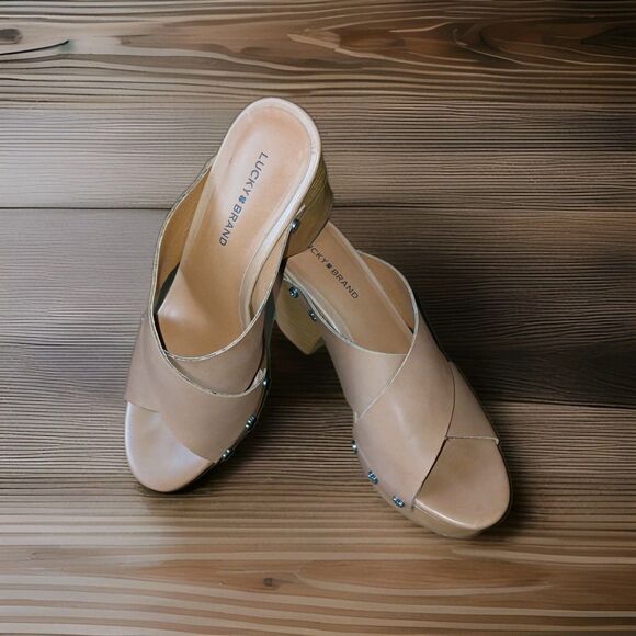 Lucky Brand Sz 6.5 Leather Nude Brown Tan Wooden Block Heel Mule Clogs Open Toe - Picture 11 of 13